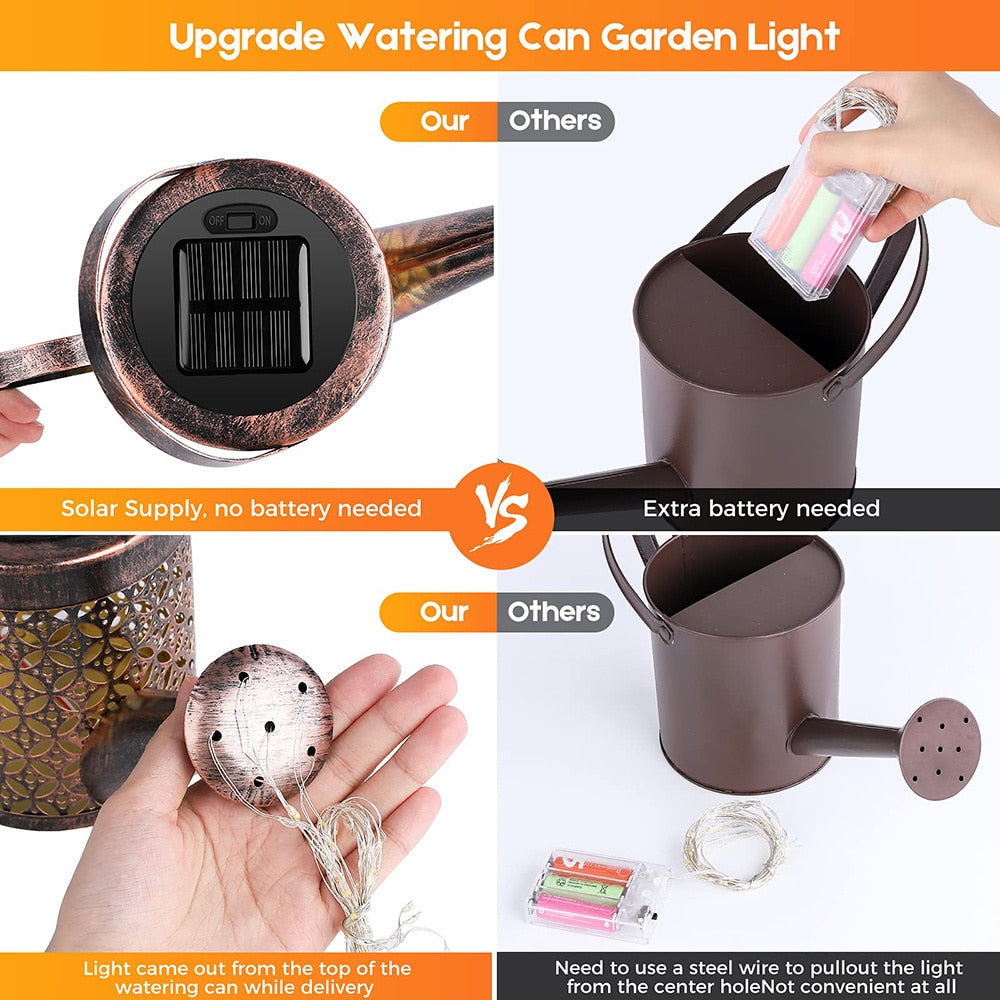 LED solar watering can hanging waterfall light outdoor