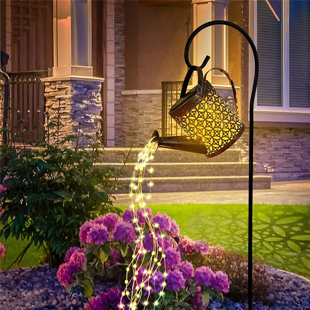 LED solar watering can hanging waterfall light outdoor